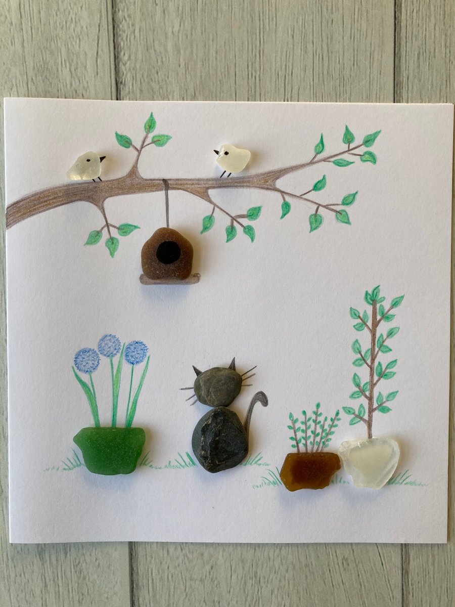Garden design greeting card made with Cornish beach finds 
