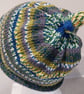 Handknit KNOTTY TOP Merino Beanie. Fairisle effect Olive Blue Small - Image 3