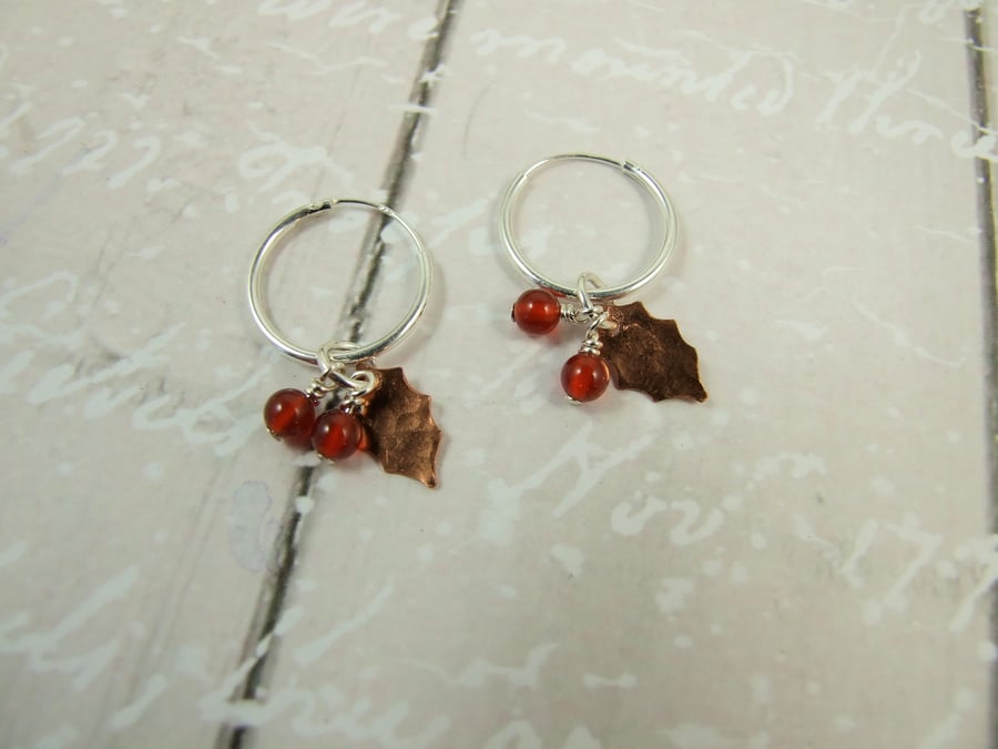 Holly Leaves and Berries Festive Earrings, Sterling Silver Hoop Earrings