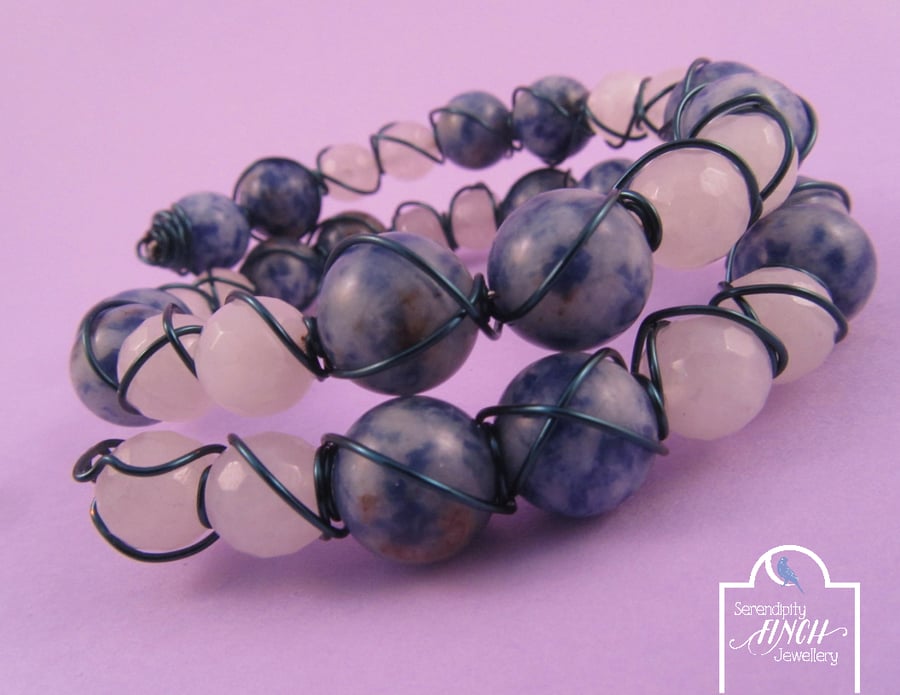 Blue Sodalite White Quartzite Wire Wrapped Memory Wire Bracelet