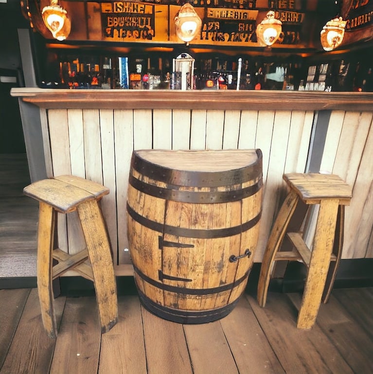 Half Oak Whiskey Barrel Cupboard, Half Barrel Storage Unit With Door - THE KAYE