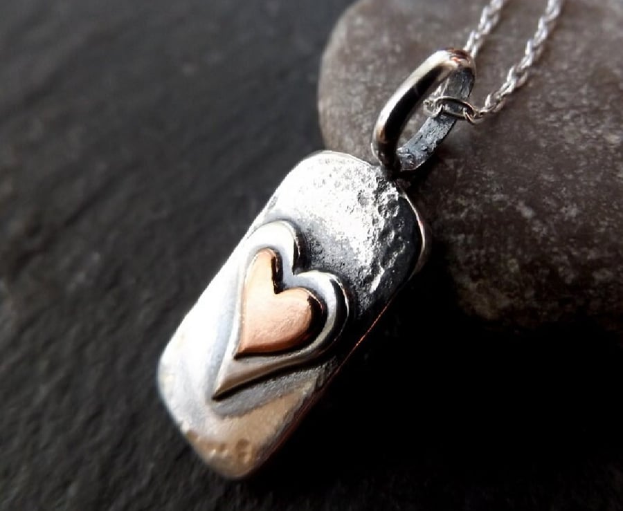 Silver and Copper heart tag necklace , copper heart on silver pendant