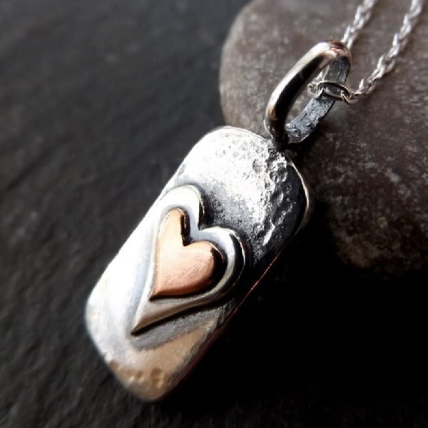 Silver and Copper heart tag necklace , copper heart on silver pendant