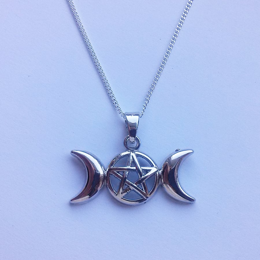 Triple Moon Pentacle Silver Plate Necklace