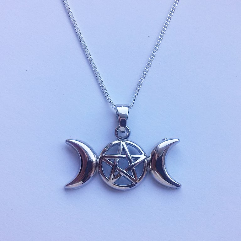 Triple Moon Pentacle Silver Plate Necklace