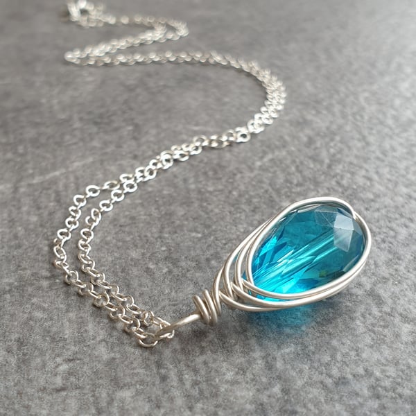 Sterling Silver and Turquoise Glass Necklace, Raindrop pendant