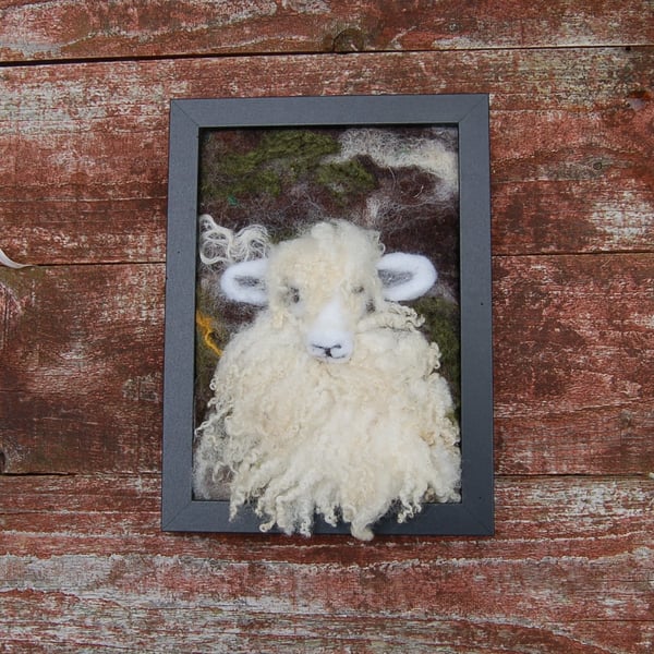 Textile art picture -  Lone Sheep    20 x 15 cm   Needle felt
