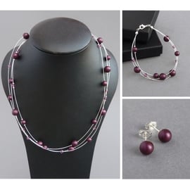 Plum Pearl Jewellery Set - Floating Pearl Necklace, Bracelet and Stud Earrings