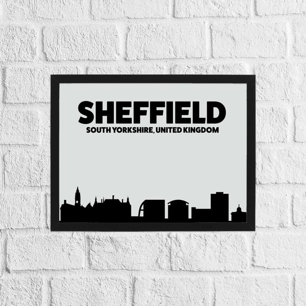 Skyline silhouette of Sheffield, South Yorkshire, UK, grey and black print