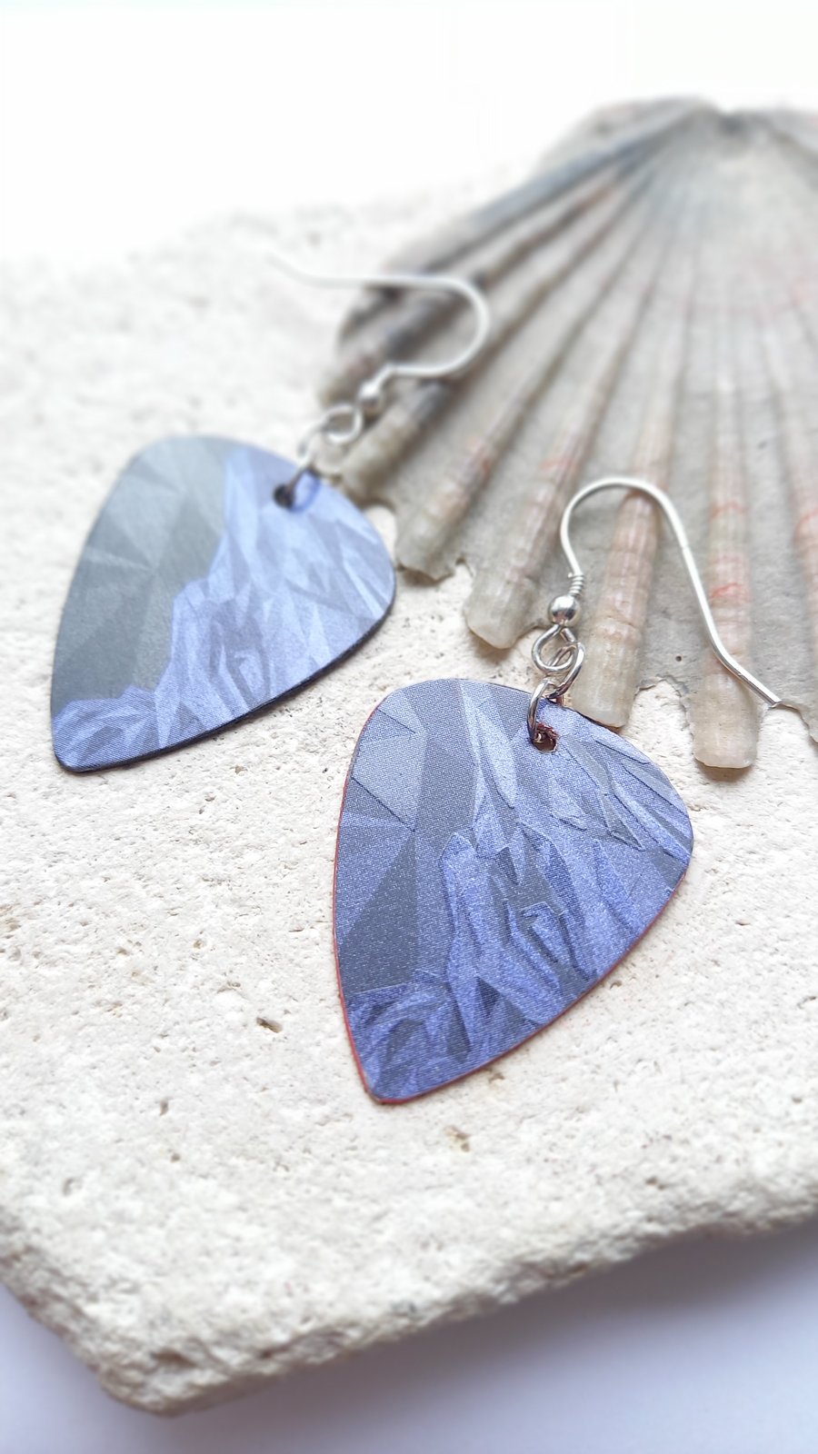Recycled Blue Store Card Plectrum with Sterling Silver Ear Wires