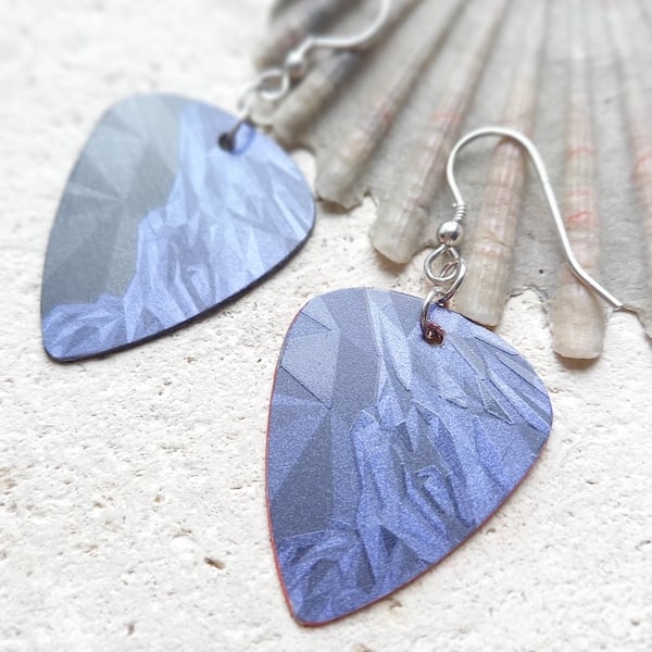Recycled Blue Store Card Plectrum with Sterling Silver Ear Wires