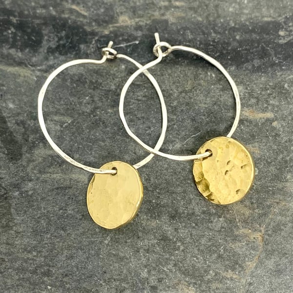 Sterling Silver Golden Brass Disc Hoops Titanium Hypo Allergenic Hoops with Disc