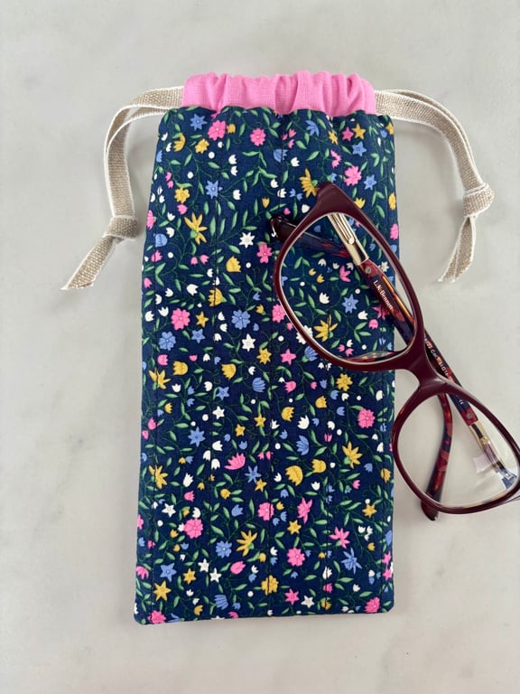 Glasses case, sunglasses pouch, padded, with drawstring,  in navy floral cotton
