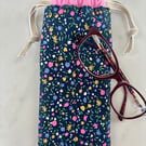 Glasses case, sunglasses pouch, padded, with drawstring,  in navy floral cotton