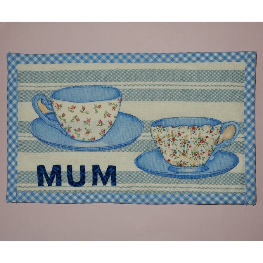 Mug Rug Mum and teacups blue