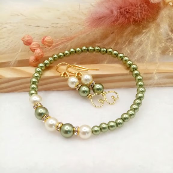 Olive Green & Buttermilk Pearl Jewellery Set, Gold Heart Earrings & Bracelet