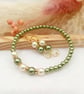 Olive Green & Buttermilk Pearl Jewellery Set, Gold Heart Earrings & Bracelet