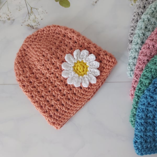 Peach Newborn Crochet Baby Daisy Beanie Hat, Ready to Post 