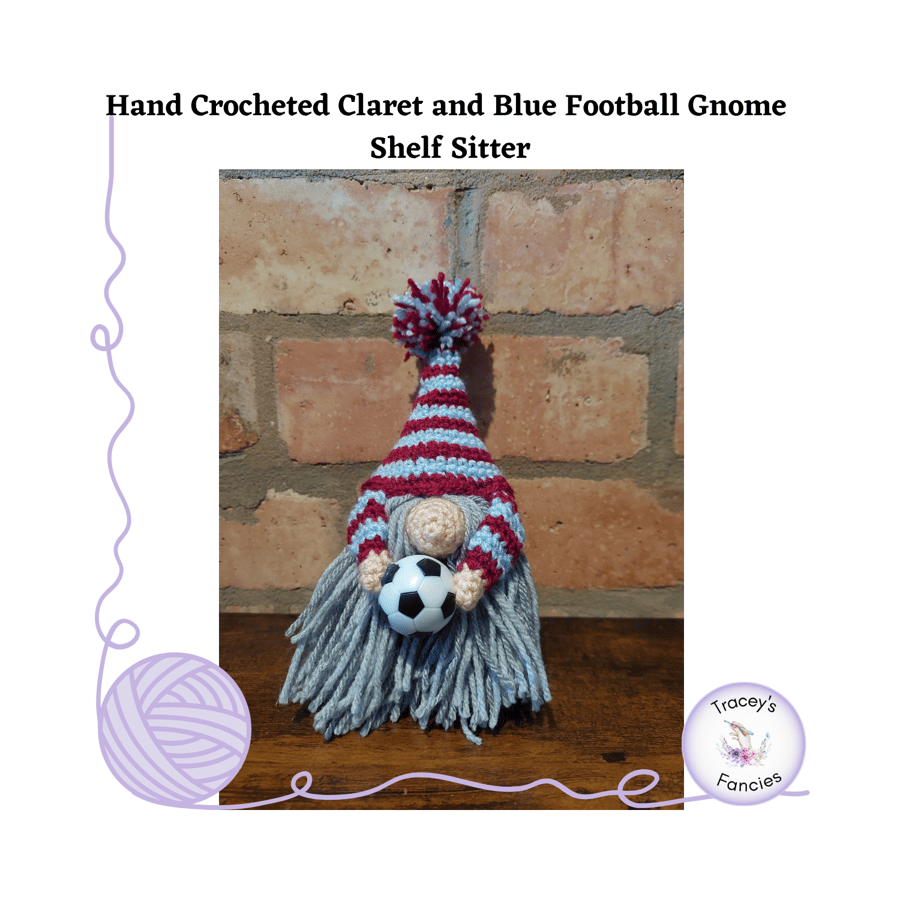 Hand crochet claret and blue football gnome collectable