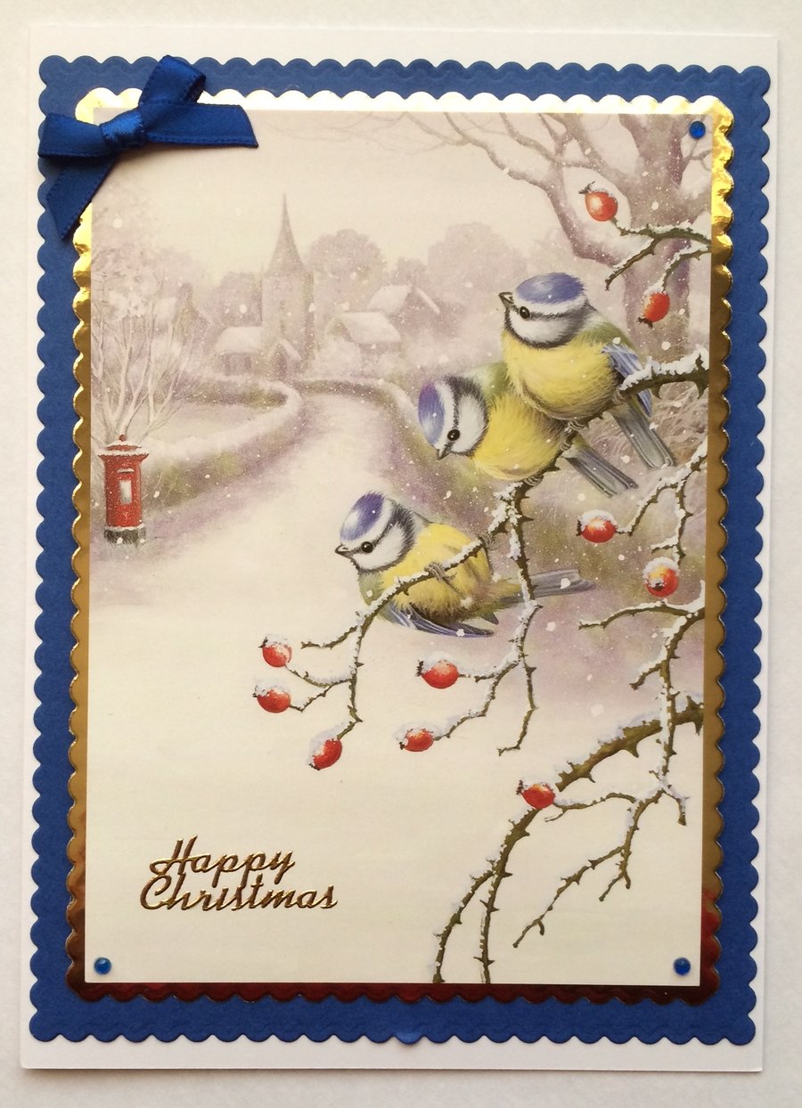 Handmade Christmas Card Vintage Snowy Village Blue Tits and Postbox