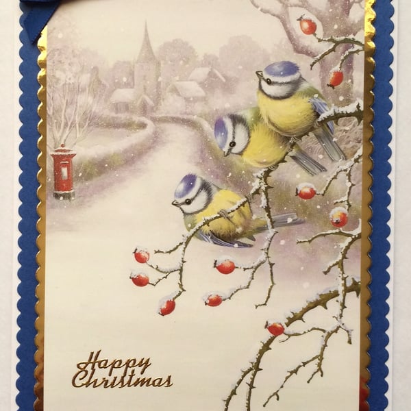 Handmade Christmas Card Vintage Snowy Village Blue Tits and Postbox