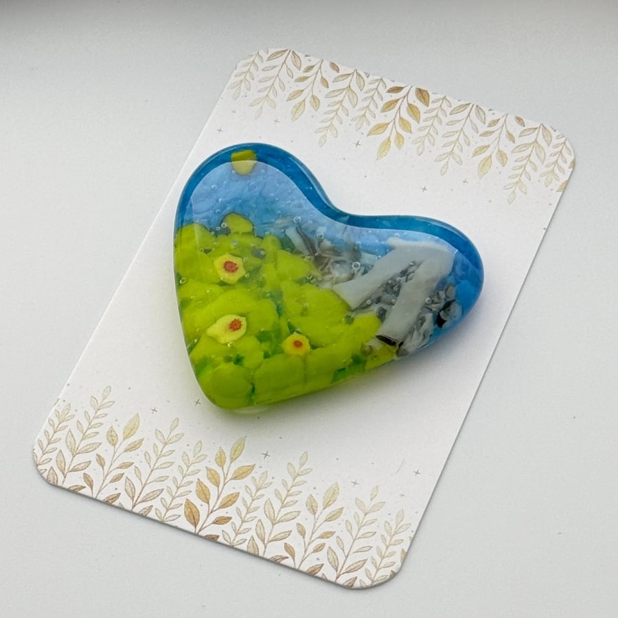 Standing Stones and Daffodil Flowers Fused Glass Heart