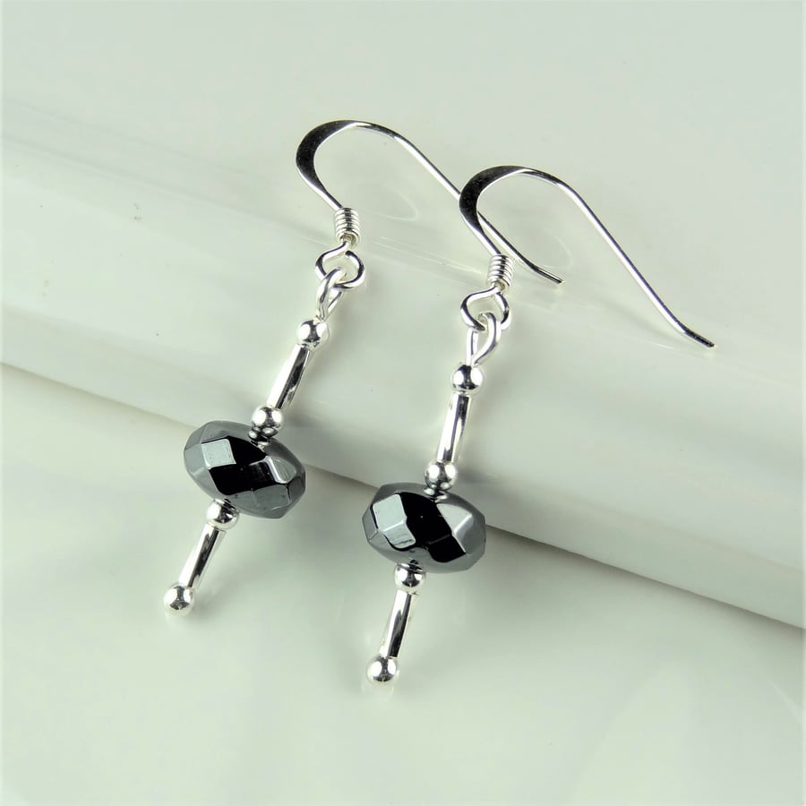 Hematite natural stone drop earrings, sterling silver, faceted dark grey