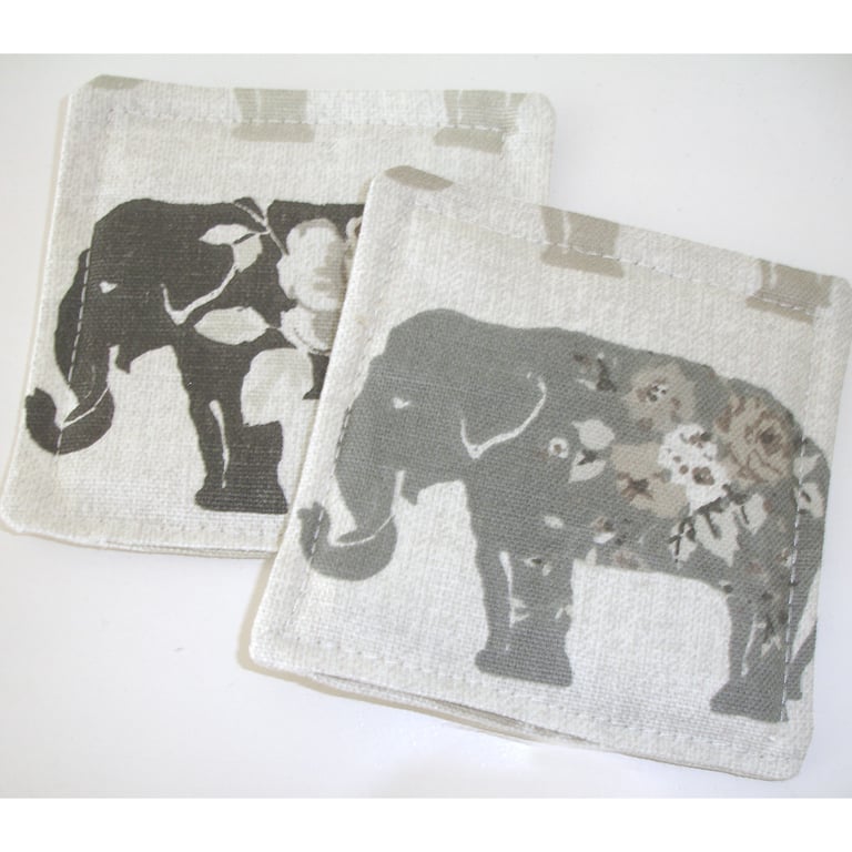 Set of Four Coasters Elephant Grey Beige Mug Rugs