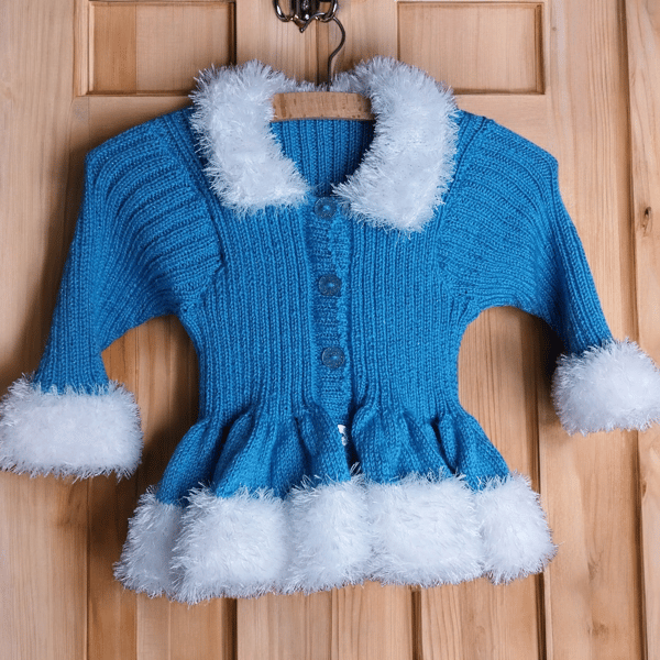 Hand-Knitted Sparkly Blue Peplum Cardigan for Girls, Fluffy Winter Sweater 2-4yr