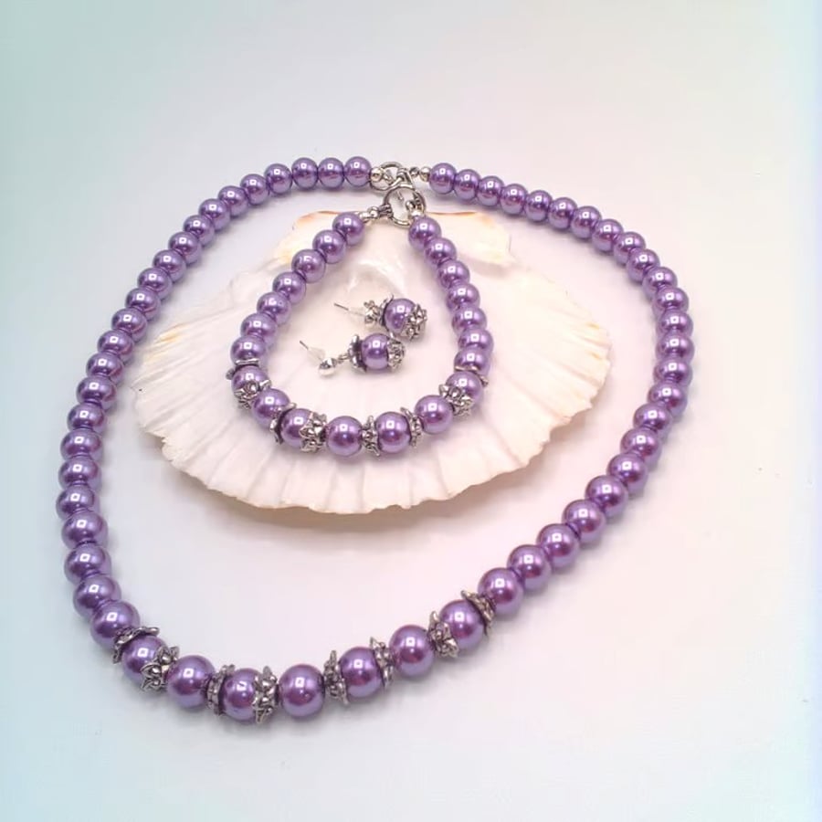Perfectly Imperfect, Mauve Pearl & Silver Bead Cap Necklace Bracelet & Earrings
