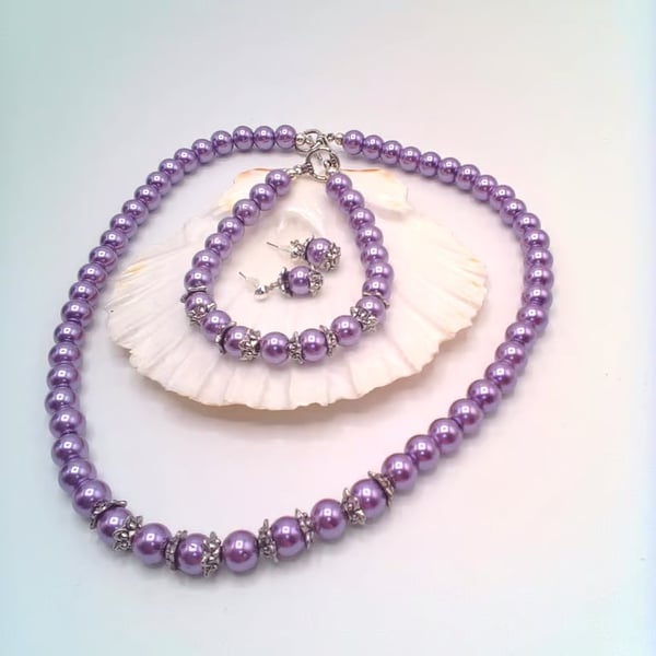 Perfectly Imperfect, Mauve Pearl & Silver Bead Cap Necklace Bracelet & Earrings