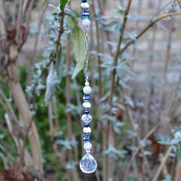 Suncatcher – Blue and Silver with Shamballa Beads, Chain, and Crystal Drop