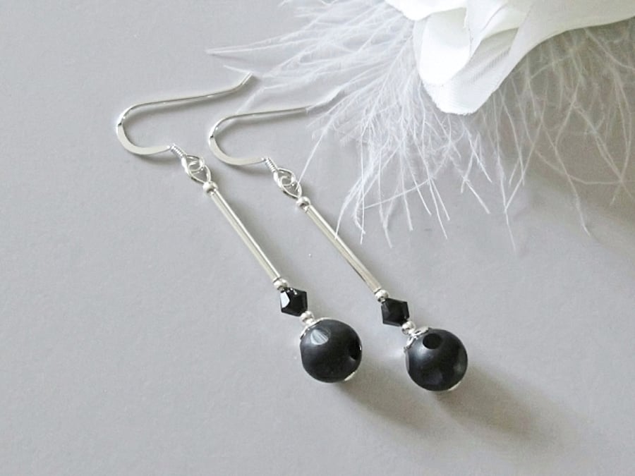 Frosted Black Onyx Long Earrings With Crystals & Sterling Silver Tubes