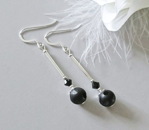 Frosted Black Onyx Long Earrings With Crystals & Sterling Silver Tubes