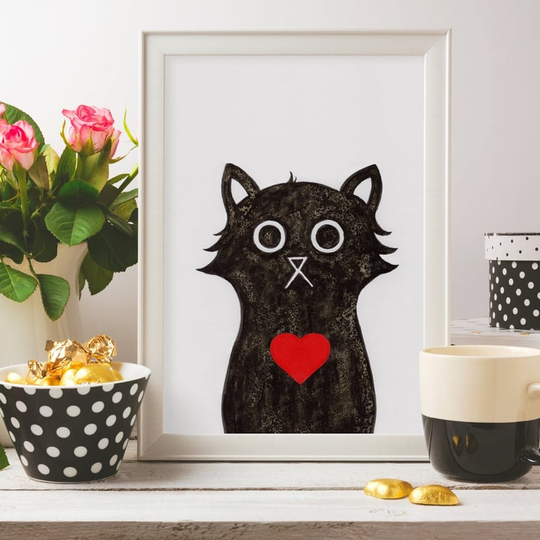 Love Cat Wall Art Print, Valentines, Wall Art Print, Love Print, Black Cat Art