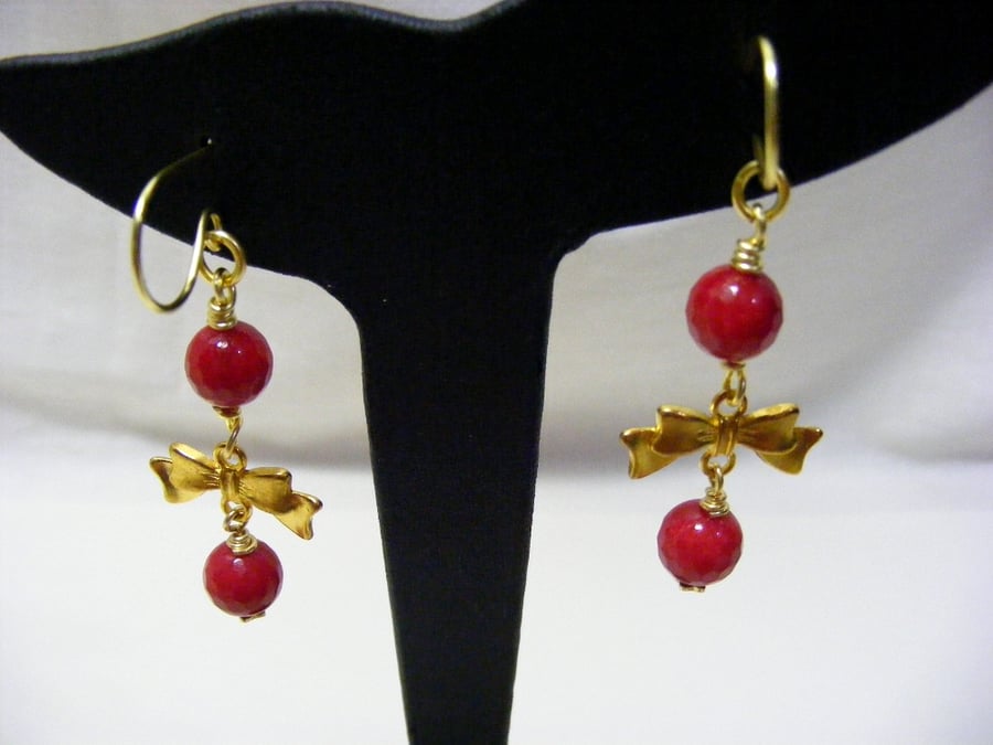 Red Quartzite and Gold Bow Earrings