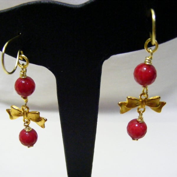 Red Quartzite and Gold Bow Earrings
