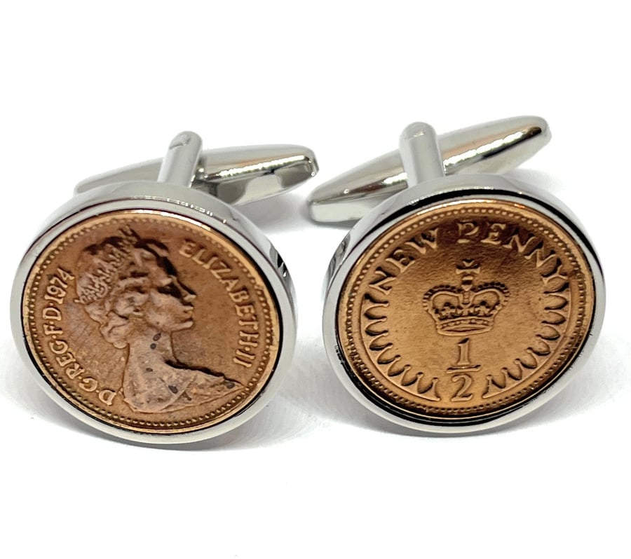 Vintage Retro 1974 half pence coin cufflinks for a 50th Birthday 