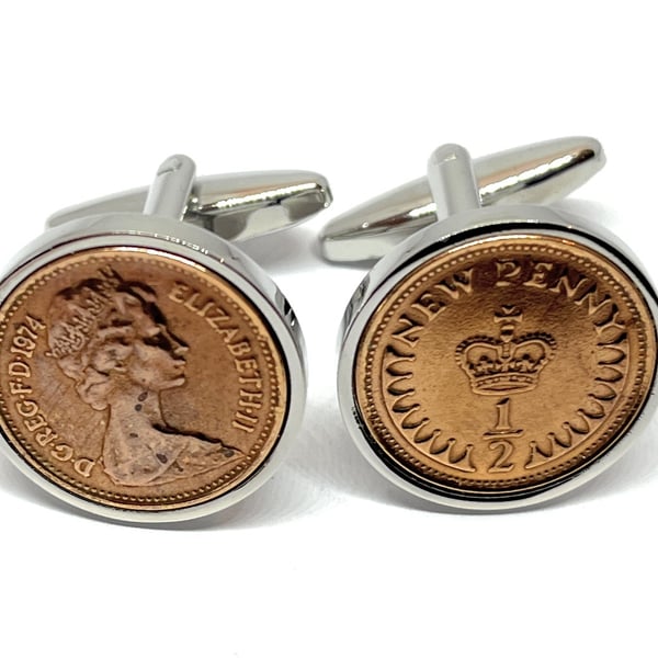 Vintage Retro 1974 half pence coin cufflinks for a 52nd Birthday 
