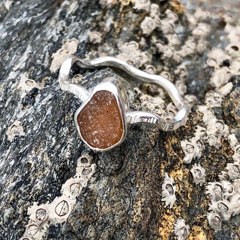 Dark Brown Sea Glass and Hammered Sterling Silver Ring - Size T - 1167