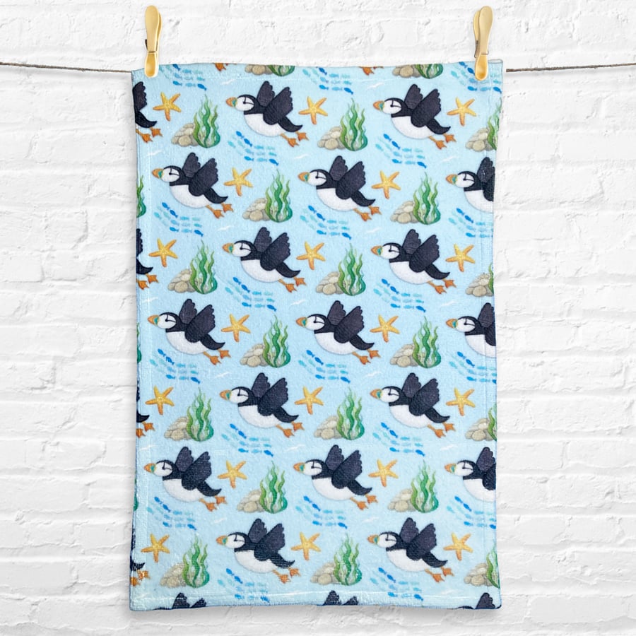 Puffin Hand Towel - Soft & Fluffy - Seaside Kitchen or Bathroom Towel