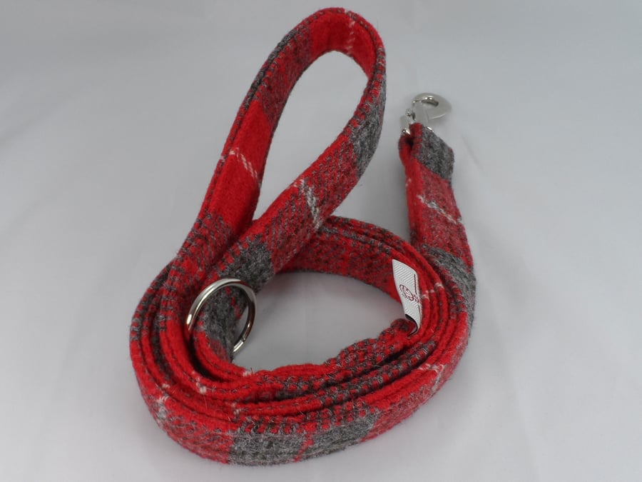 Handmade Harris Tweed Dog Lead - Red-Grey Tartan 