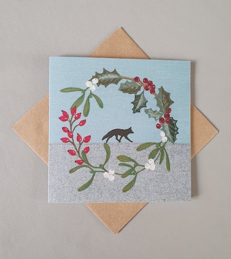 Christmas Fox with Wreath card