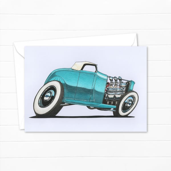 American Hot Rod Greeting Card: Hand Drawn Classic Car Illustration (408)
