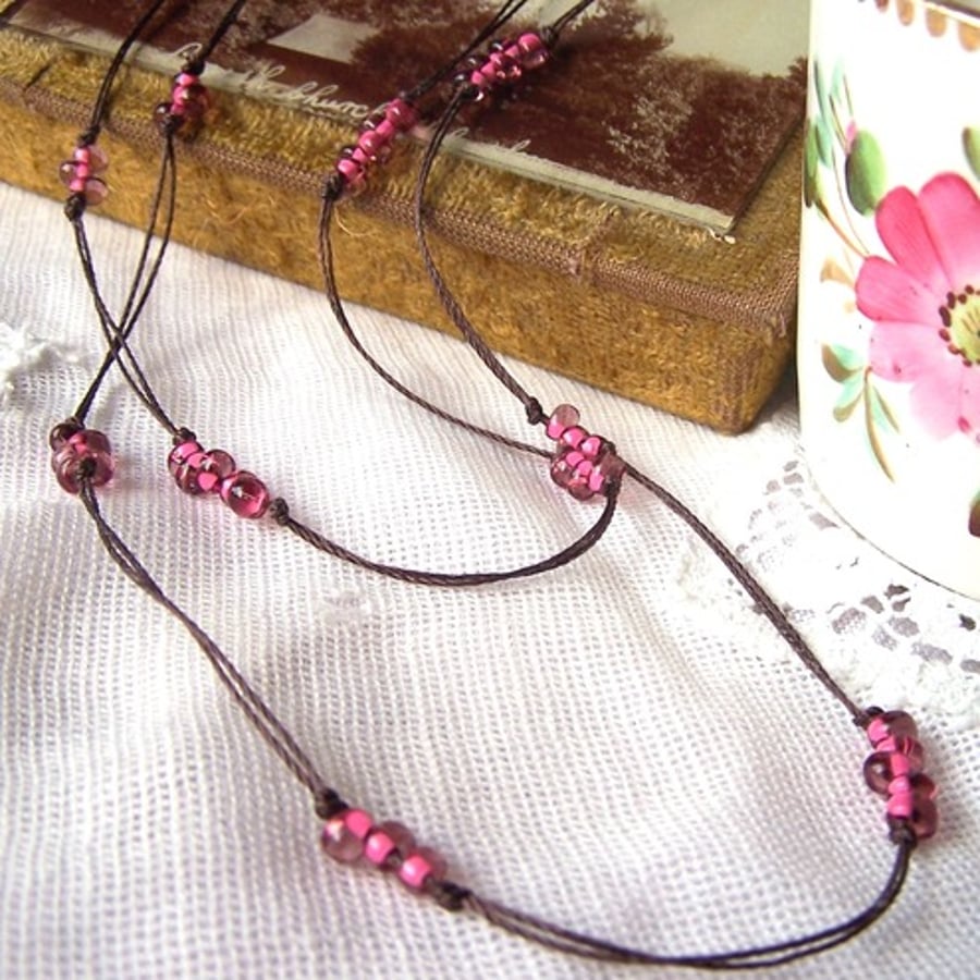 Knotted Cord Bead Pink and Brown Necklace