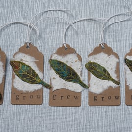  Five Embroidered Grow Leaf Gift Tags 