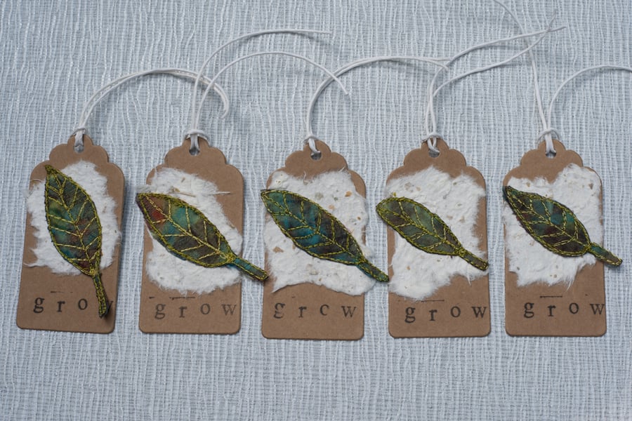  Five Embroidered Grow Leaf Gift Tags 