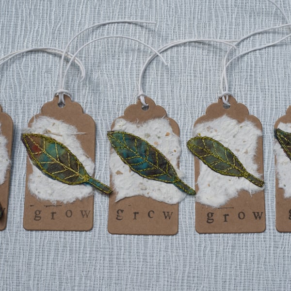  Five Embroidered Grow Leaf Gift Tags 