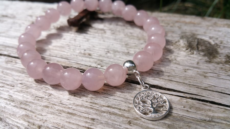 Rose Quartz Beaded Bracelet with Sterling Silver Tree of Life Charm, Bohemian