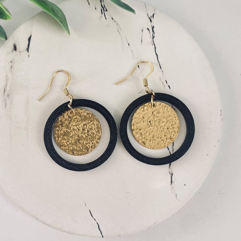 Black Circle Dangle Earrings with Hammered Gold-Tone Discs